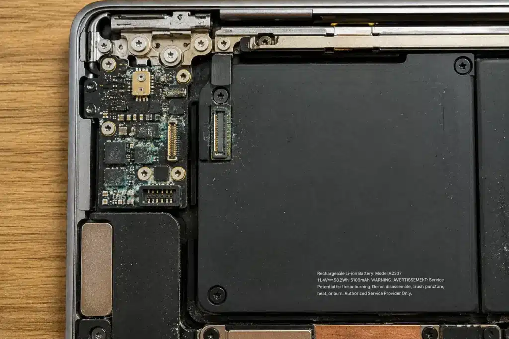 Liquid-damaged MacBook logic board with visible corrosion