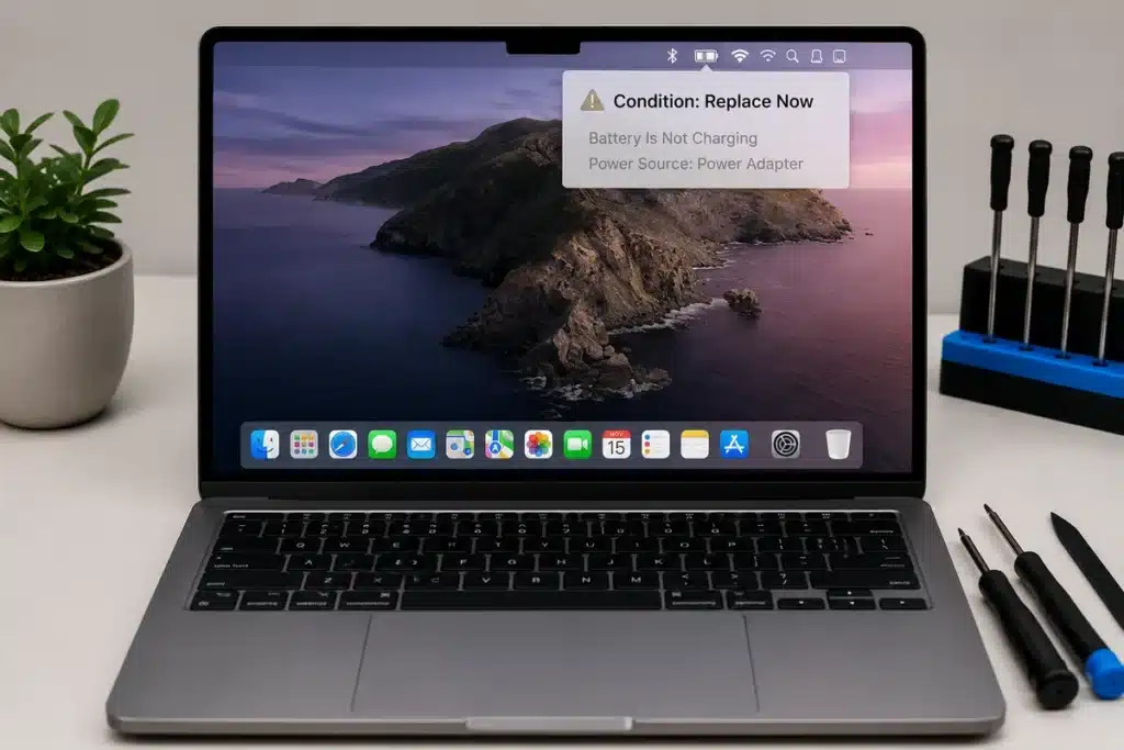 MacBook battery replacement in Christchurch showing Replace Now battery warning