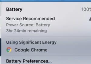 MacBook showing Service Recommended battery warning in macOS