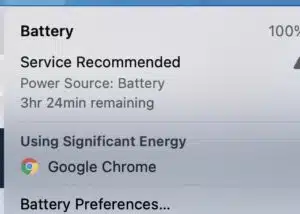 MacBook showing Service Recommended battery warning in macOS