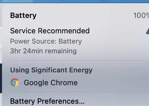 MacBook showing Service Recommended battery warning in macOS